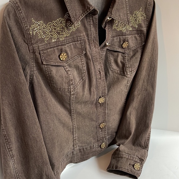Christina stretch cropped brown denim jacket rhinestone detail size large - Picture 6 of 7